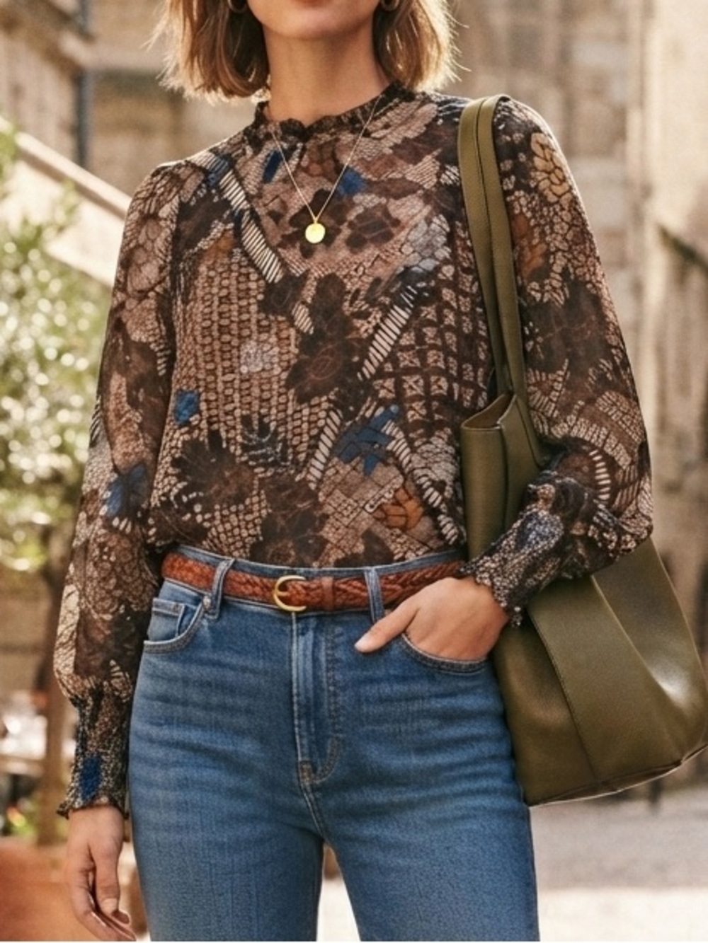 JOIE Long Sleeve Brown Floral Metallic Blouse